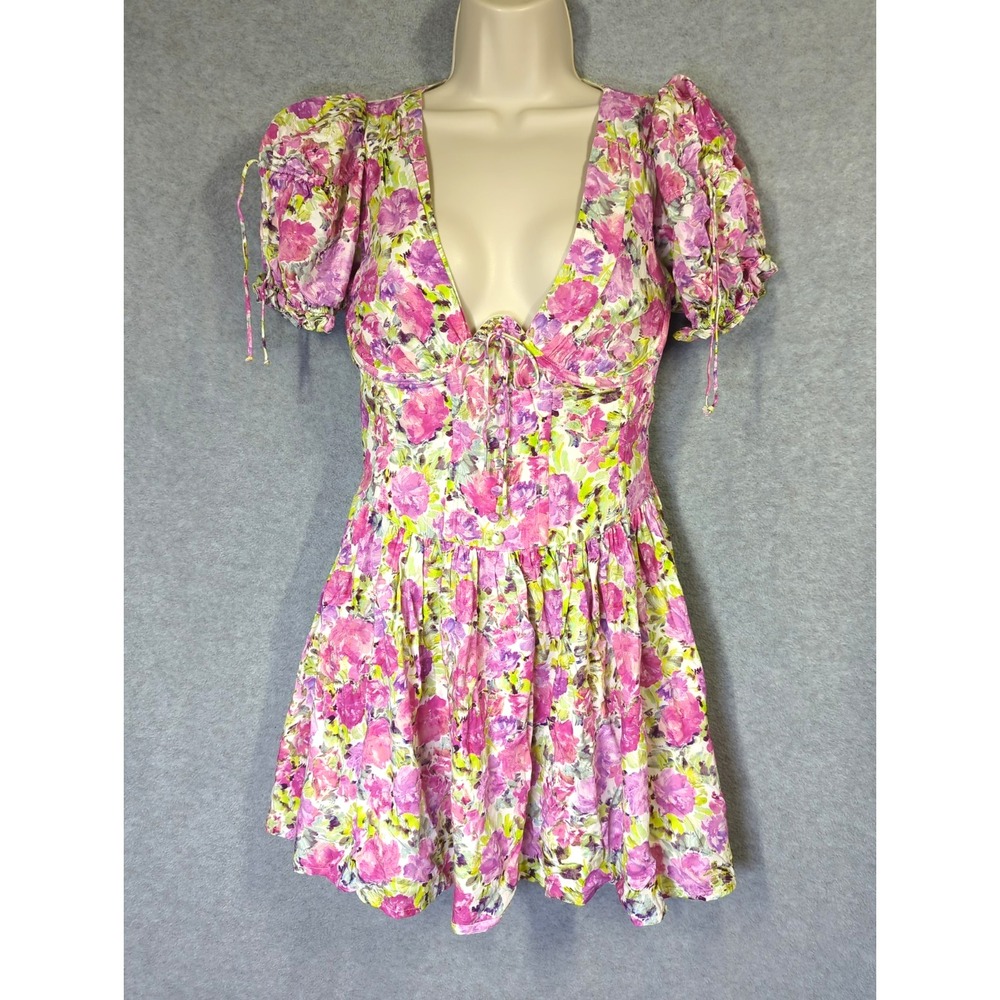 For Love & Lemons PAULINA Mini Dress S Pink Corset Bodice Puff Sleeves Coquette